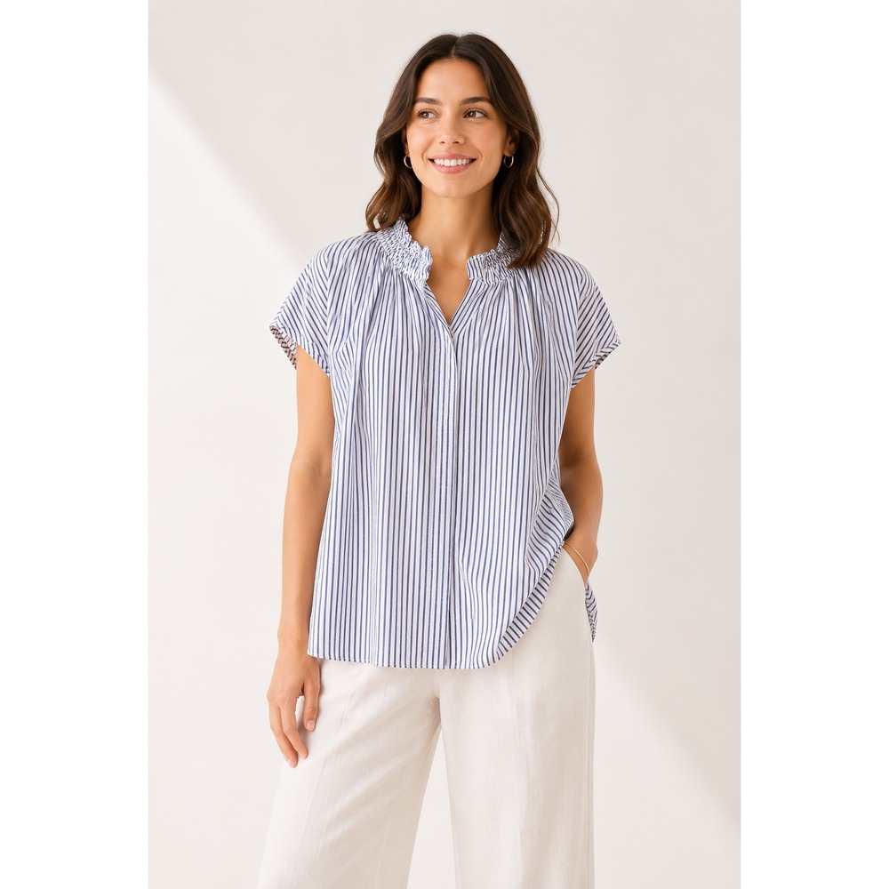 Tuckernuck Pomander Place  Rae Blouse Blue White Striped Button Front Top XL